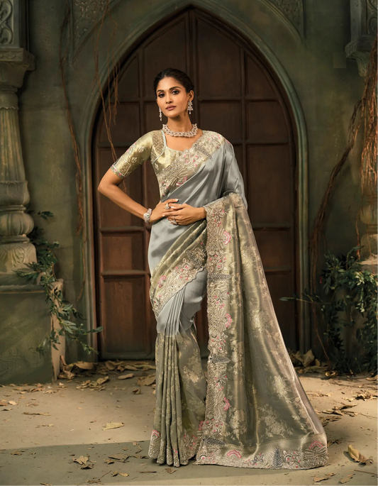 Steel Grey Silk Heavy Embroidery Saree