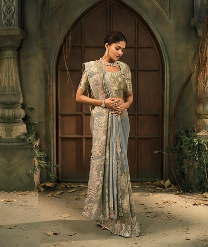 Steel Grey Silk Heavy Embroidery Saree