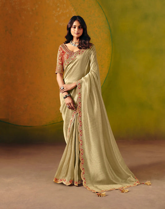 Golden Beige Zari Silk Embroidery Saree