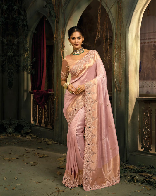 Soft Pink Silk Heavy Embroidery Saree