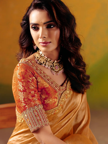 Copper Orange Zari Silk Embroidery Saree