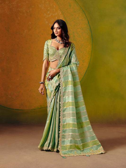 Pastel Green Jacquard Silk Embroidery Saree