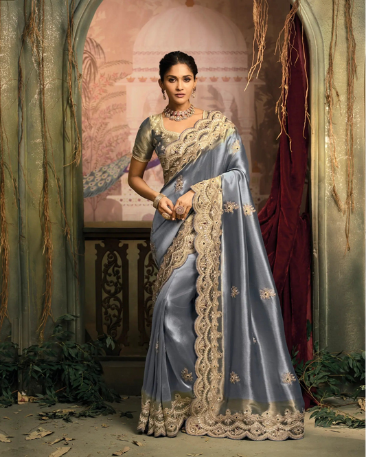 Slate Blue Silk Heavy Embroidery Saree