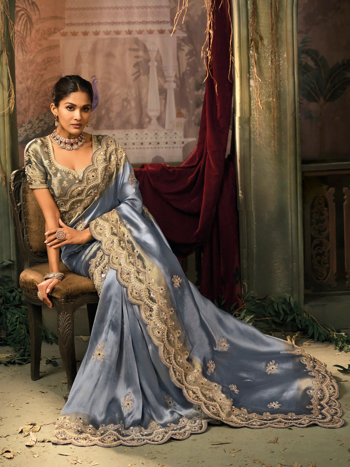 Slate Blue Silk Heavy Embroidery Saree