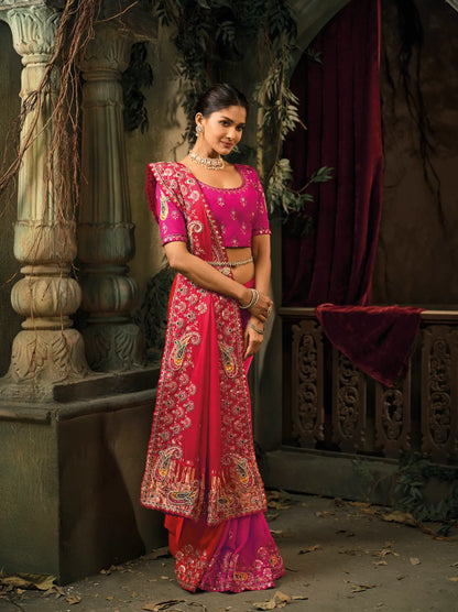 Rani Pink Silk Heavy Embroidery Saree