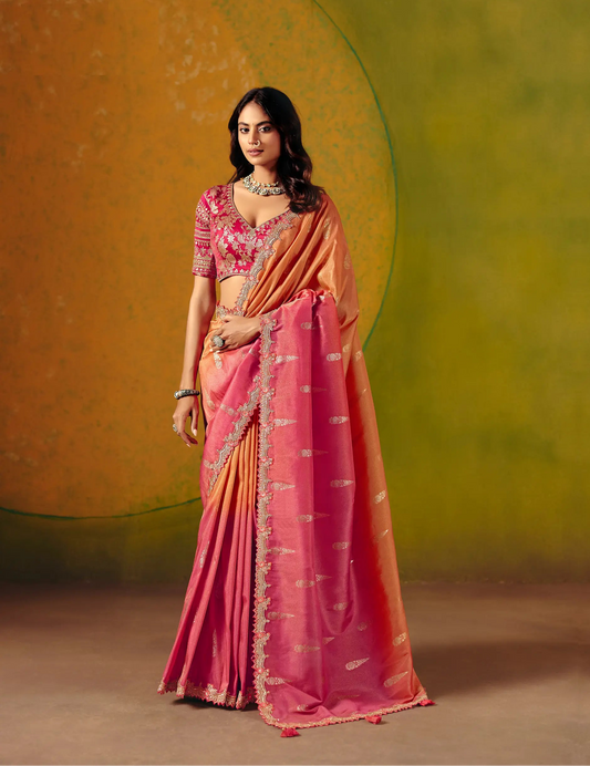 Pink-Orange Zari Silk Embroidery Saree