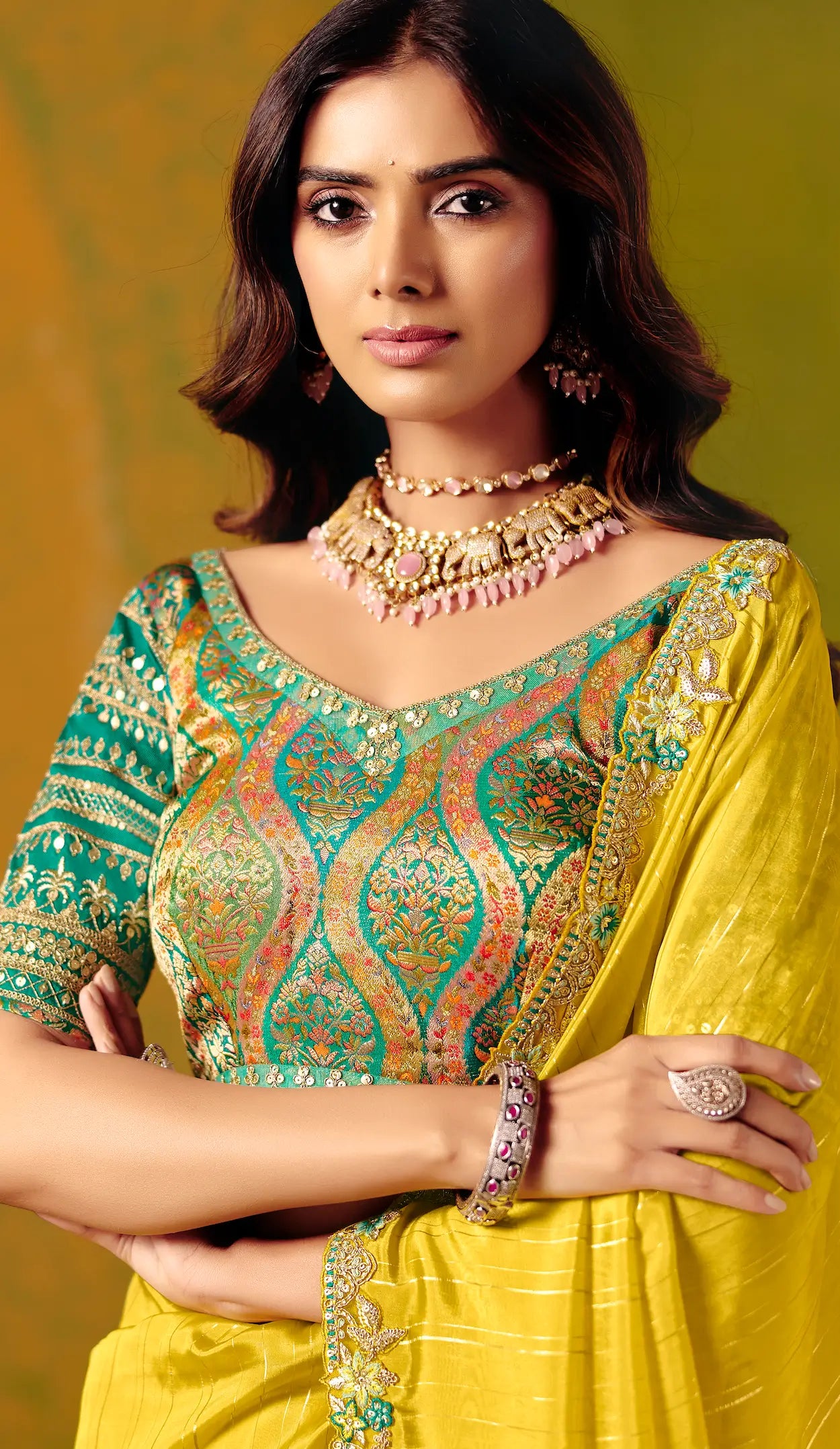 Bright Yellow Zari Silk Embroidery Saree