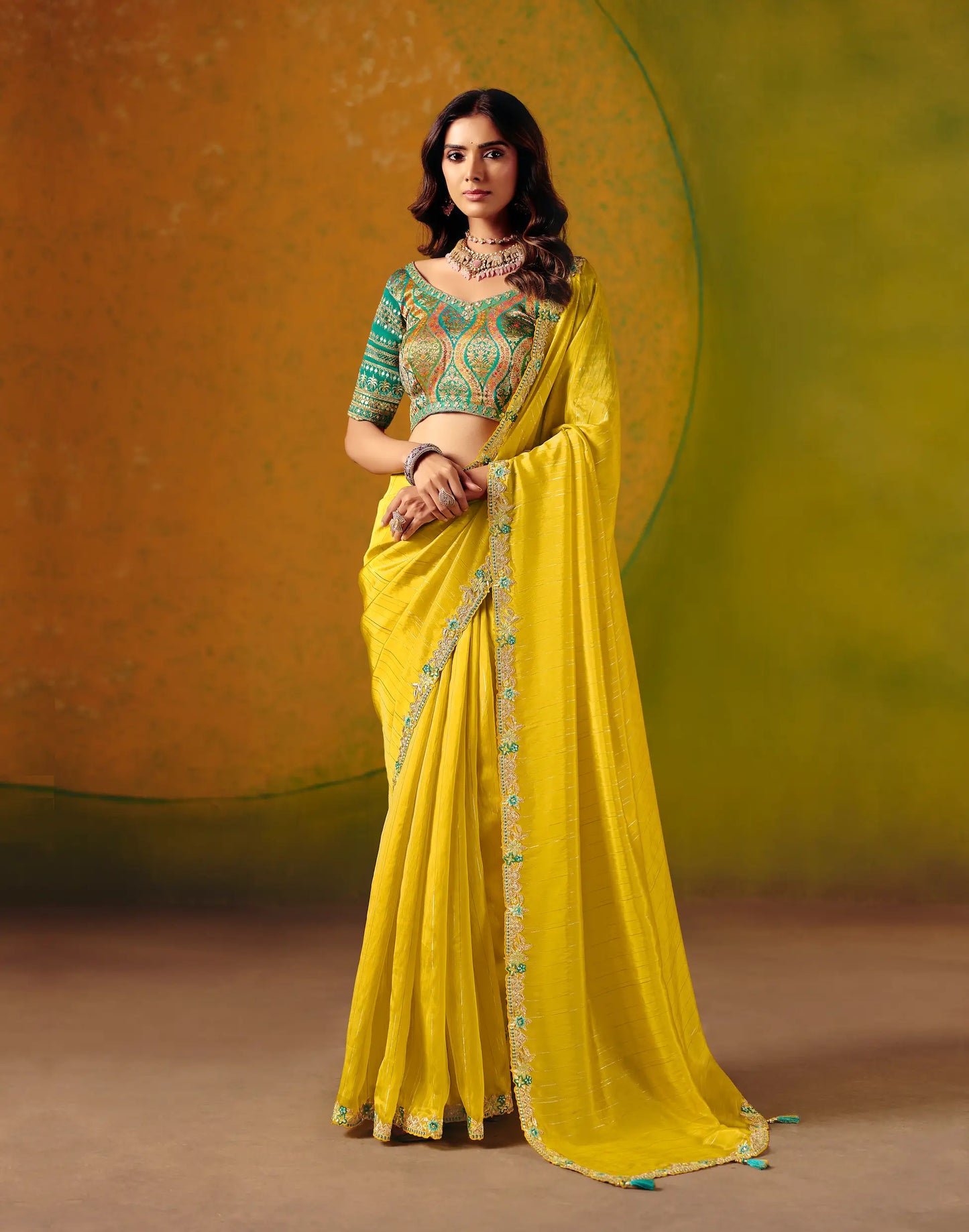 Bright Yellow Zari Silk Embroidery Saree