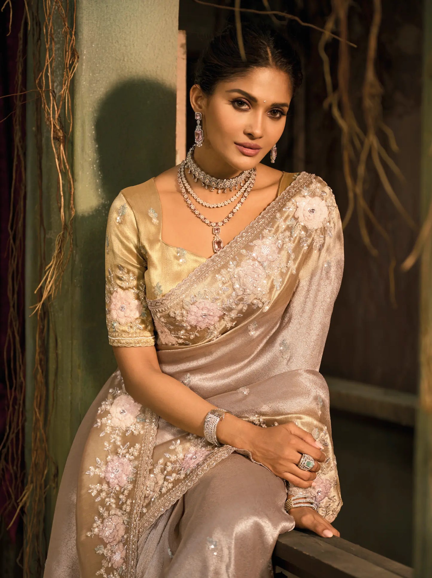 Champagne Gold Silk Heavy Embroidery Saree