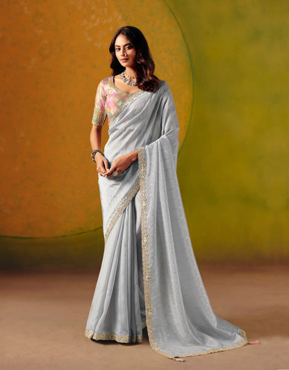 Silver Grey Zari Silk Embroidery Saree