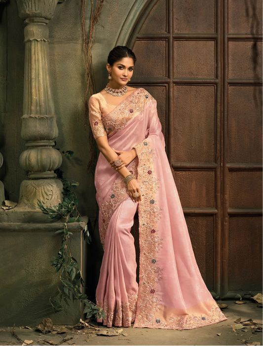 Blush Pink Silk Heavy Embroidery Saree