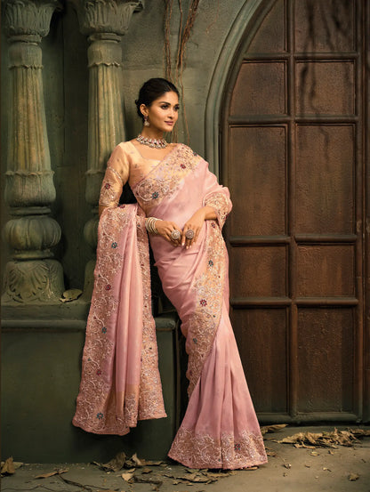Blush Pink Silk Heavy Embroidery Saree