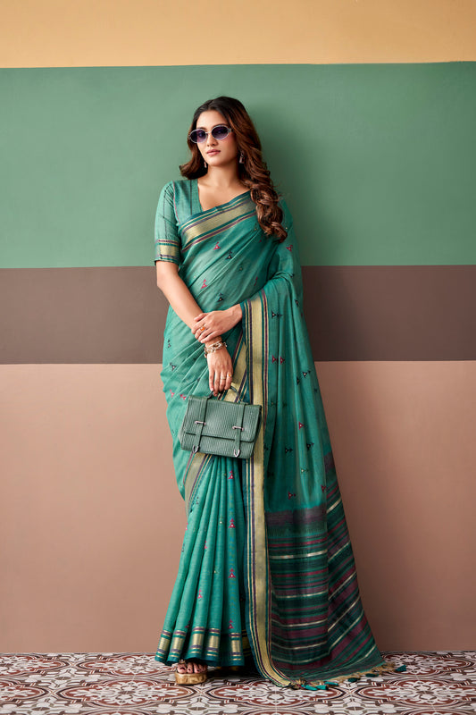 Turquoise Green Cotton Weaving Saree
