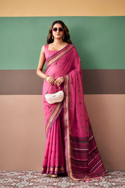 Hot Pink Cotton Weaving Saree