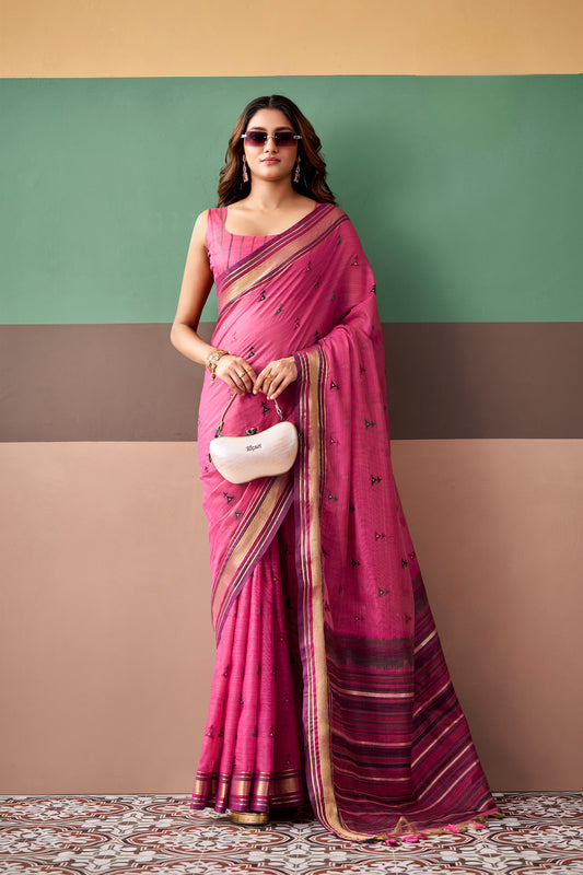 Hot Pink Cotton Weaving Saree