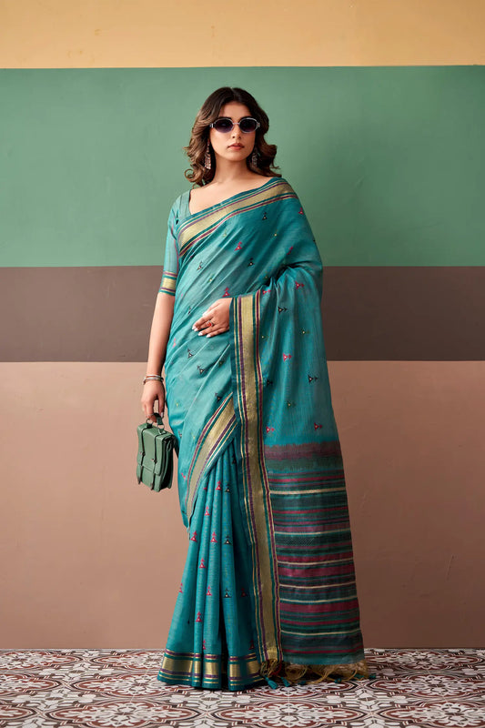 Teal Blue Cotton Weaving Saree
