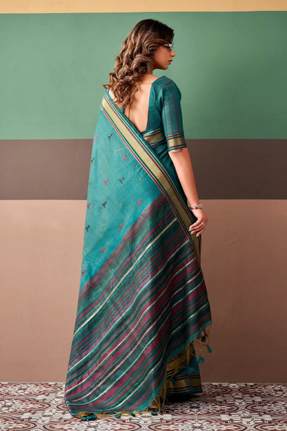 Teal Blue Cotton Weaving Saree