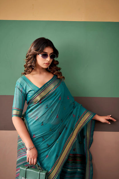 Teal Blue Cotton Weaving Saree
