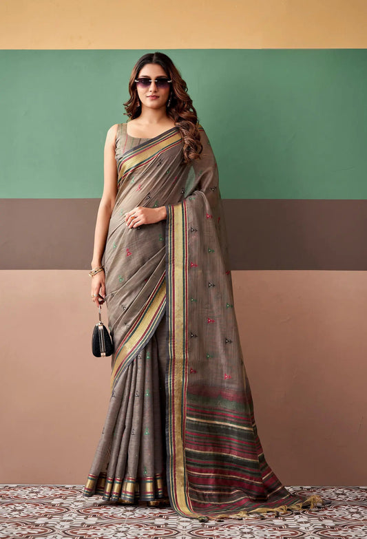 Taupe Grey Cotton Weaving Saree