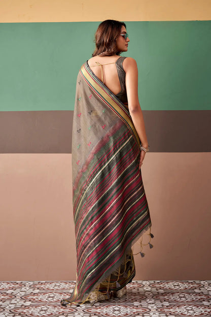 Taupe Grey Cotton Weaving Saree
