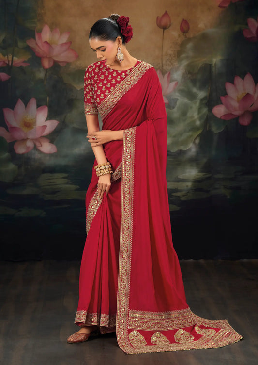 Red Silk Heavy Embroidery Border Saree