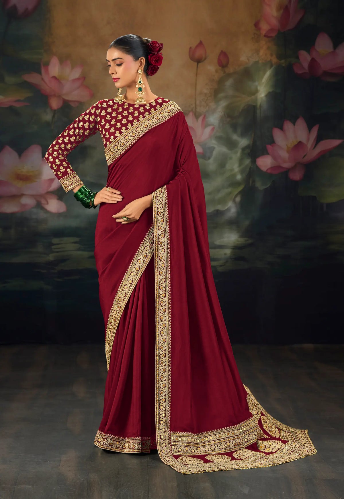 Maroon Silk Heavy Embroidery Saree