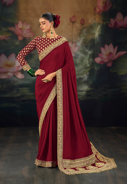 Maroon Silk Heavy Embroidery Saree