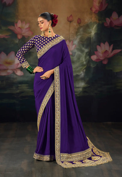 Dark Purple Silk Heavy Embroidery Saree