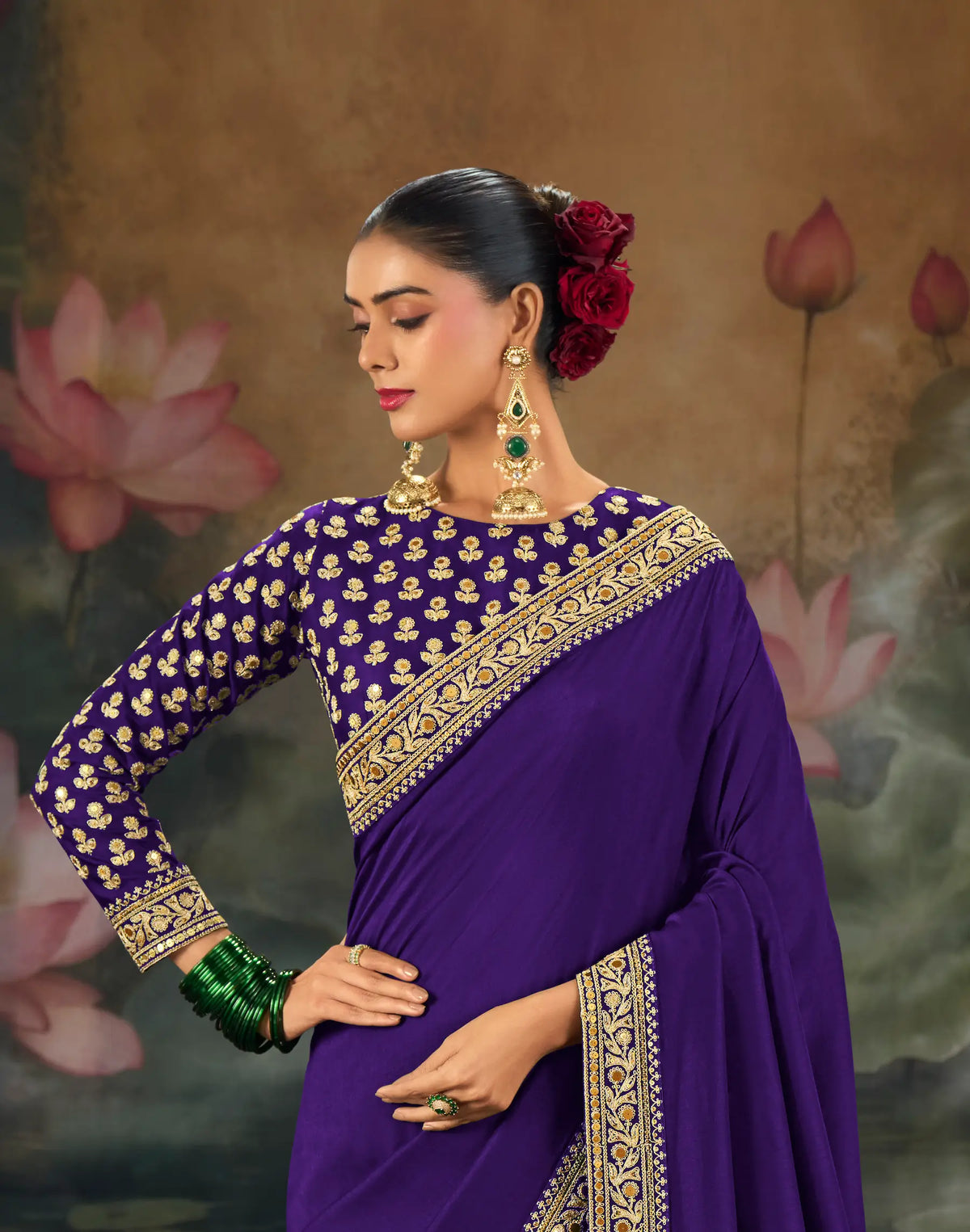 Dark Purple Silk Heavy Embroidery Saree