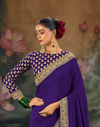 Dark Purple Silk Heavy Embroidery Saree