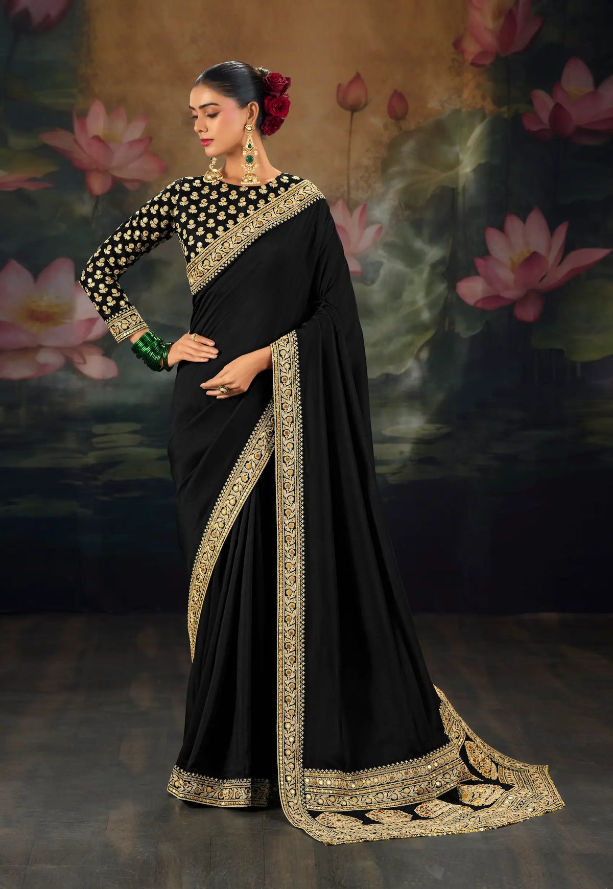 Jet Black Silk Heavy Embroidery Saree