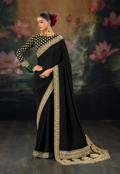 Jet Black Silk Heavy Embroidery Saree
