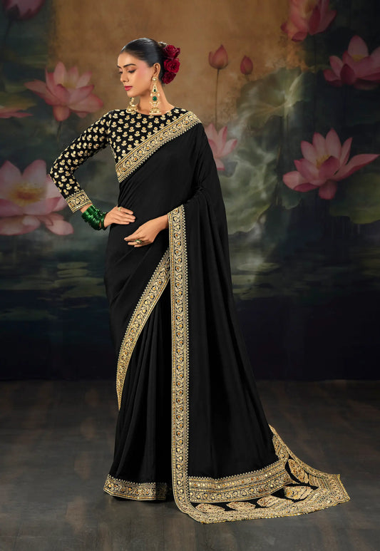Black Silk Heavy Embroidery Border Saree