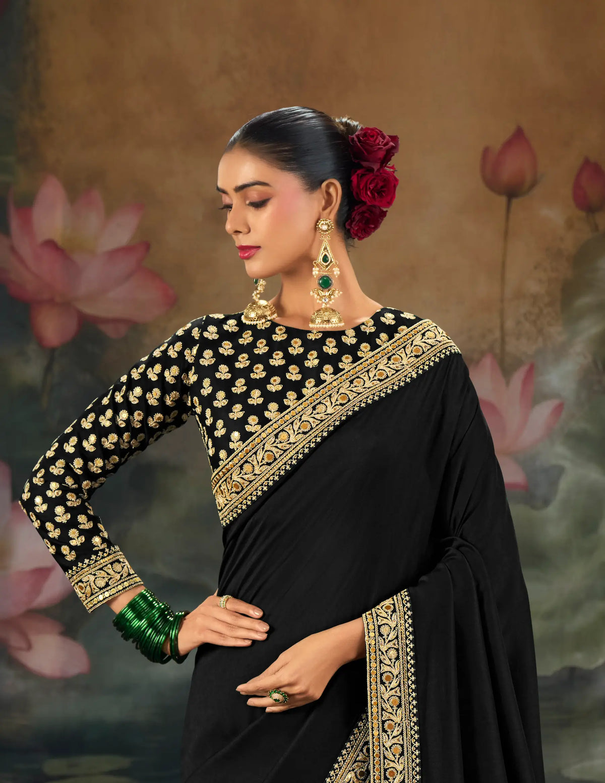 Jet Black Silk Heavy Embroidery Saree
