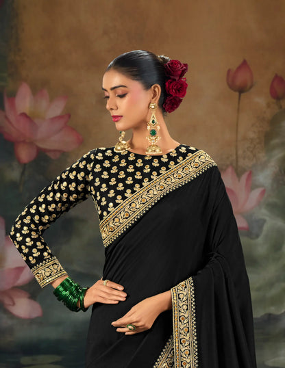 Jet Black Silk Heavy Embroidery Saree