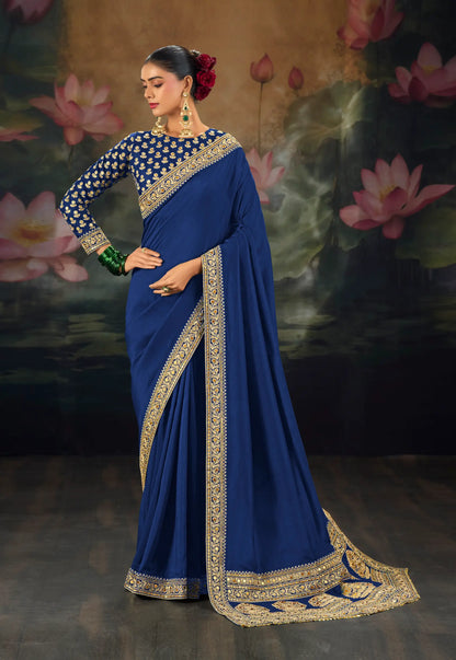 Blue Silk Heavy Embroidery Border Saree