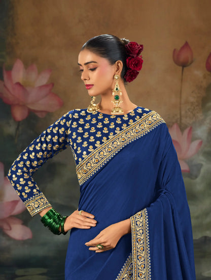 Blue Silk Heavy Embroidery Border Saree