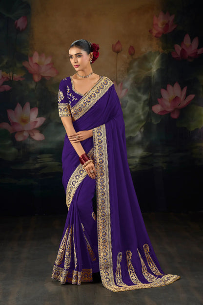 Purple Silk Heavy Embroidery Saree