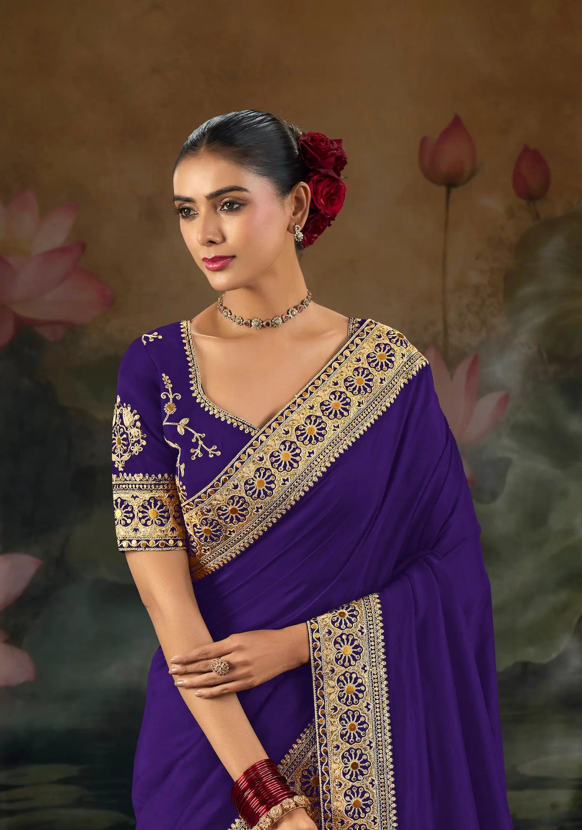 Purple Silk Heavy Embroidery Saree