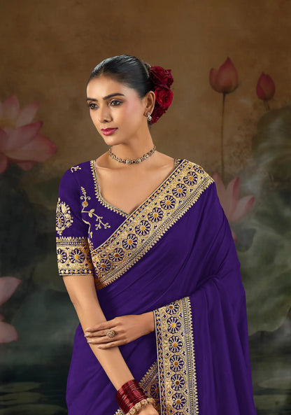 Purple Silk Heavy Embroidery Saree