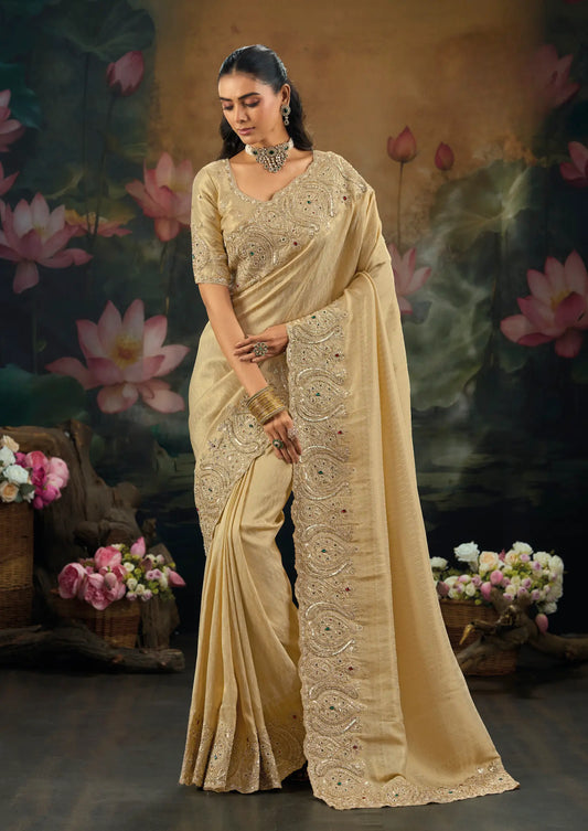 Golden Beige Kanjivaram Embroidery Saree