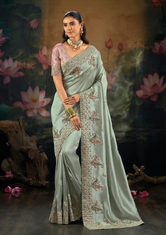 Powder Blue Silk Heavy Embroidery Saree