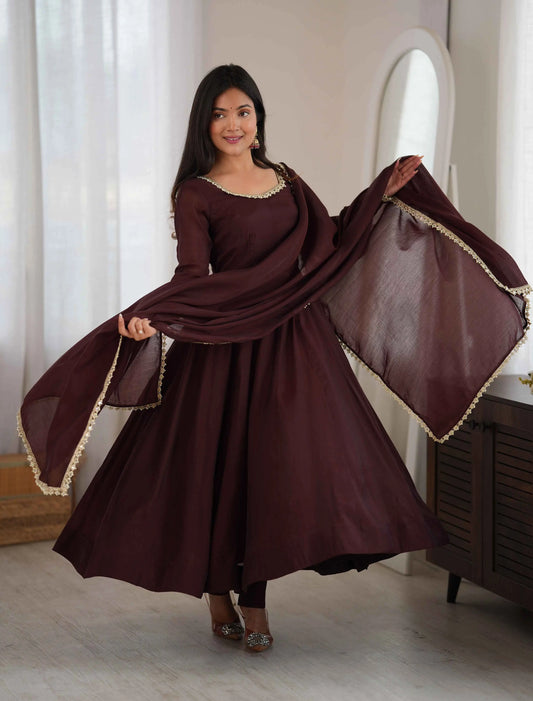 Dark Brown Mal Chanderi Anarkali Gown