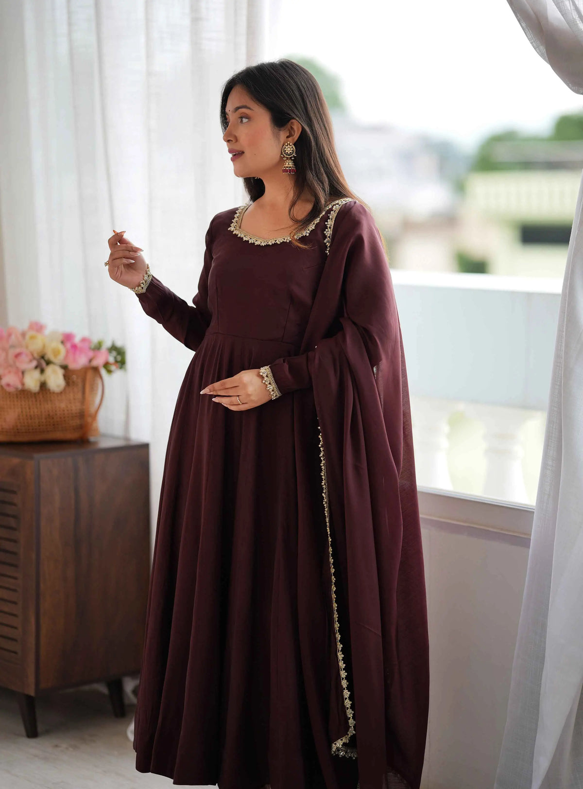 Dark Brown Mal Chanderi Anarkali Gown