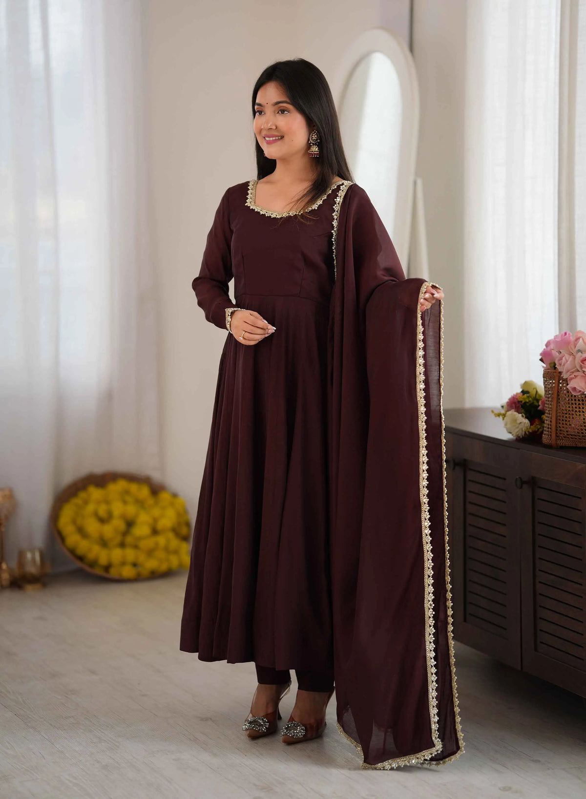 Dark Brown Mal Chanderi Anarkali Gown