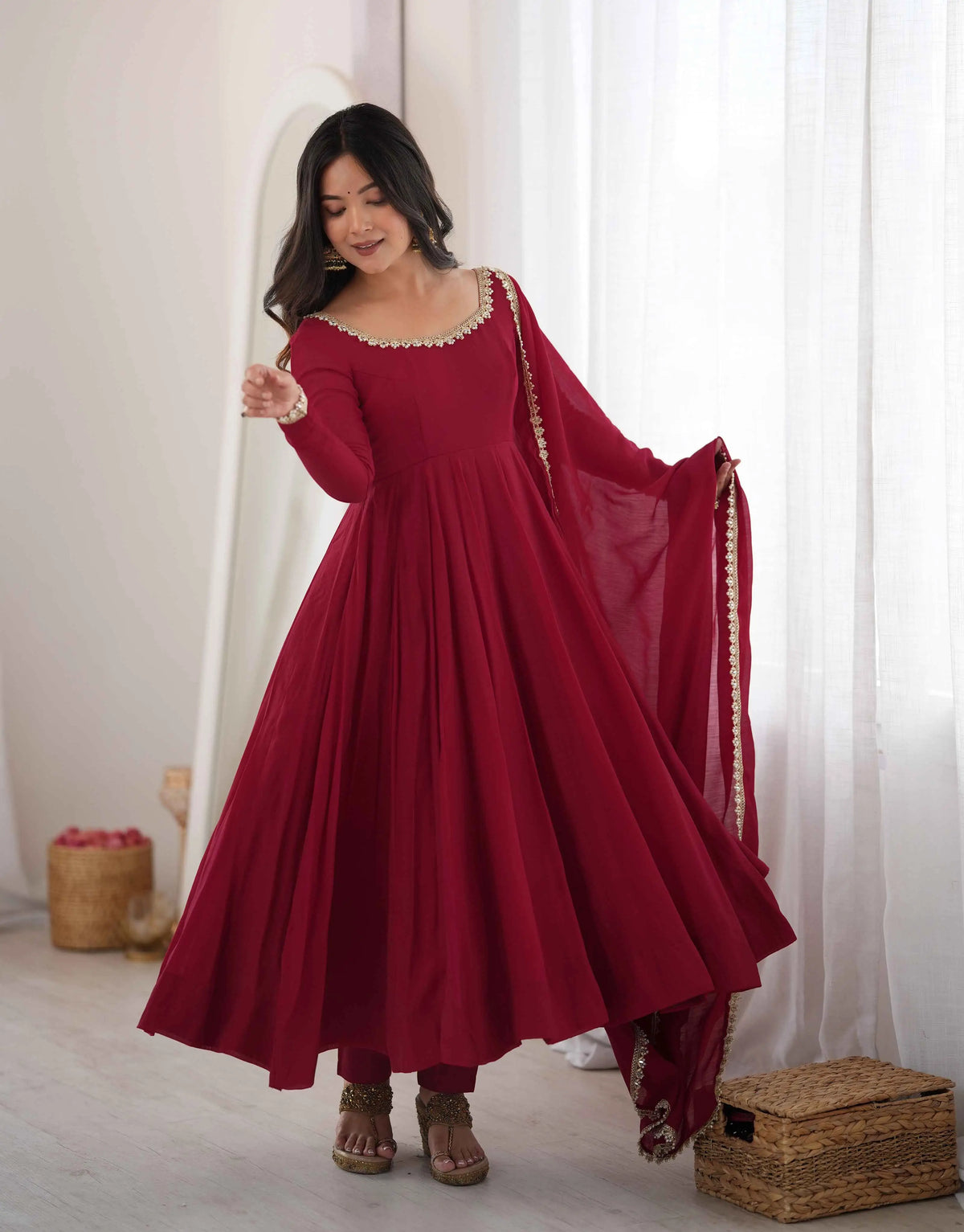 Designer Maroon Mal Chanderi Anarkali Gown