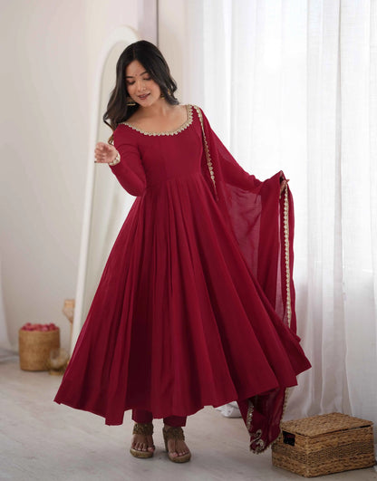 Designer Maroon Mal Chanderi Anarkali Gown