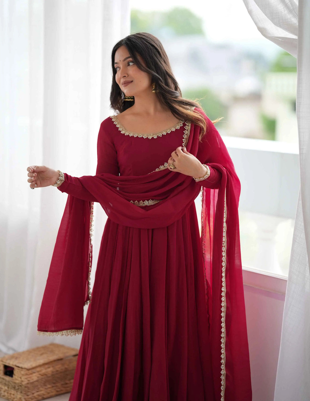 Designer Maroon Mal Chanderi Anarkali Gown