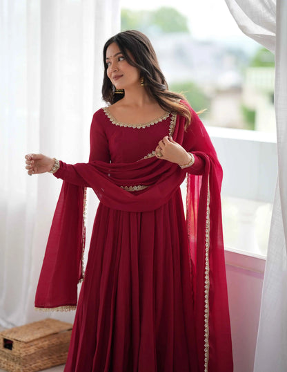 Designer Maroon Mal Chanderi Anarkali Gown