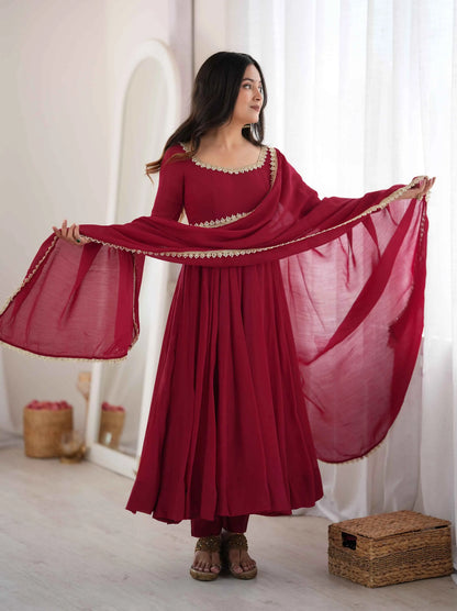 Designer Maroon Mal Chanderi Anarkali Gown